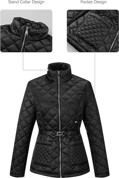 Giolshon Women Quilted Lightweight Coat Puffer Jacket with Belt