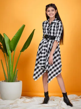 Girls Checked Shirt Collar Belted Monochrome Cotton Shirt Dress - Ps Peaches