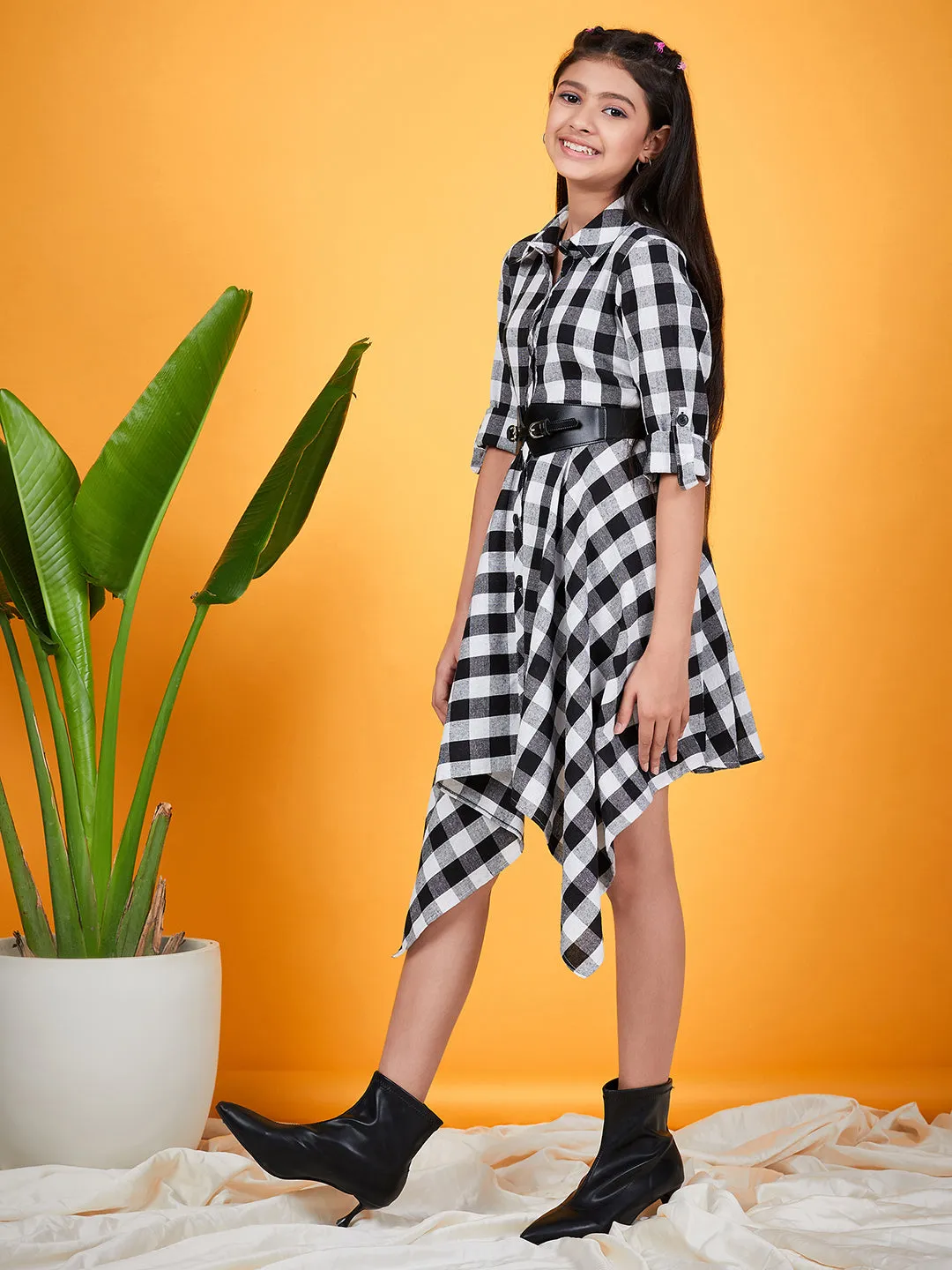 Girls Checked Shirt Collar Belted Monochrome Cotton Shirt Dress - Ps Peaches