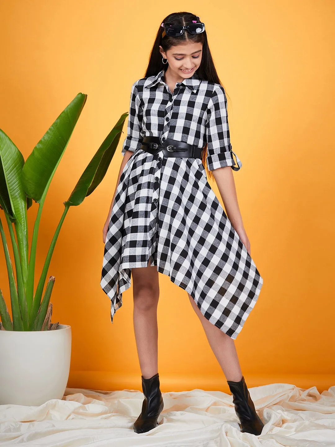 Girls Checked Shirt Collar Belted Monochrome Cotton Shirt Dress - Ps Peaches