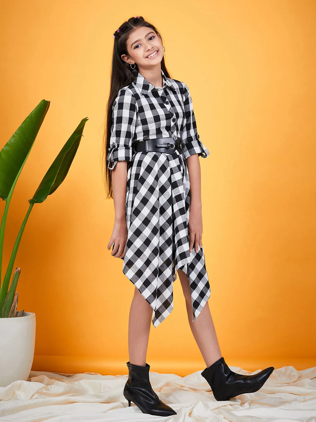 Girls Checked Shirt Collar Belted Monochrome Cotton Shirt Dress - Ps Peaches