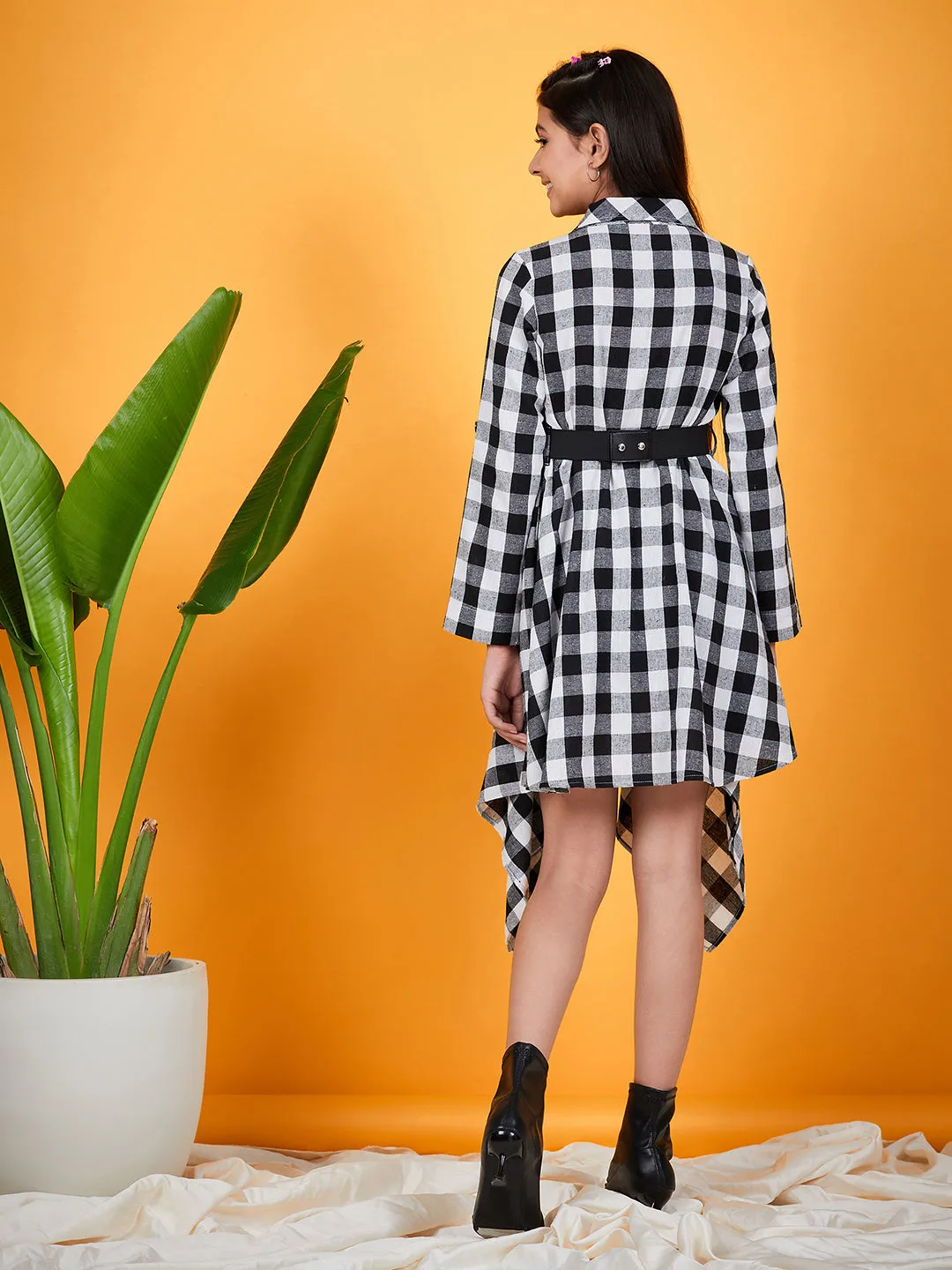 Girls Checked Shirt Collar Belted Monochrome Cotton Shirt Dress