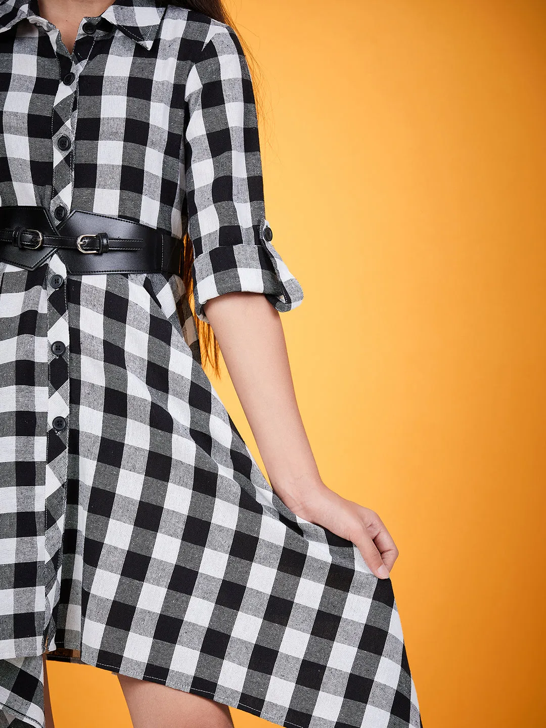 Girls Checked Shirt Collar Belted Monochrome Cotton Shirt Dress