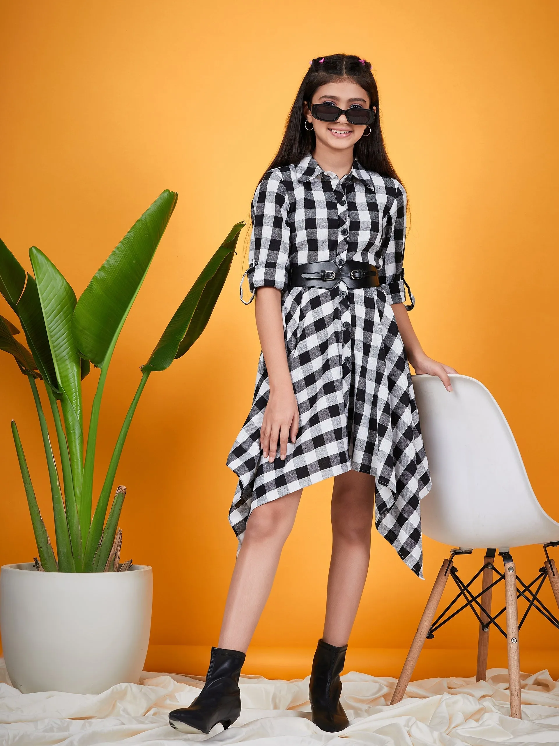 Girls Checked Shirt Collar Belted Monochrome Cotton Shirt Dress