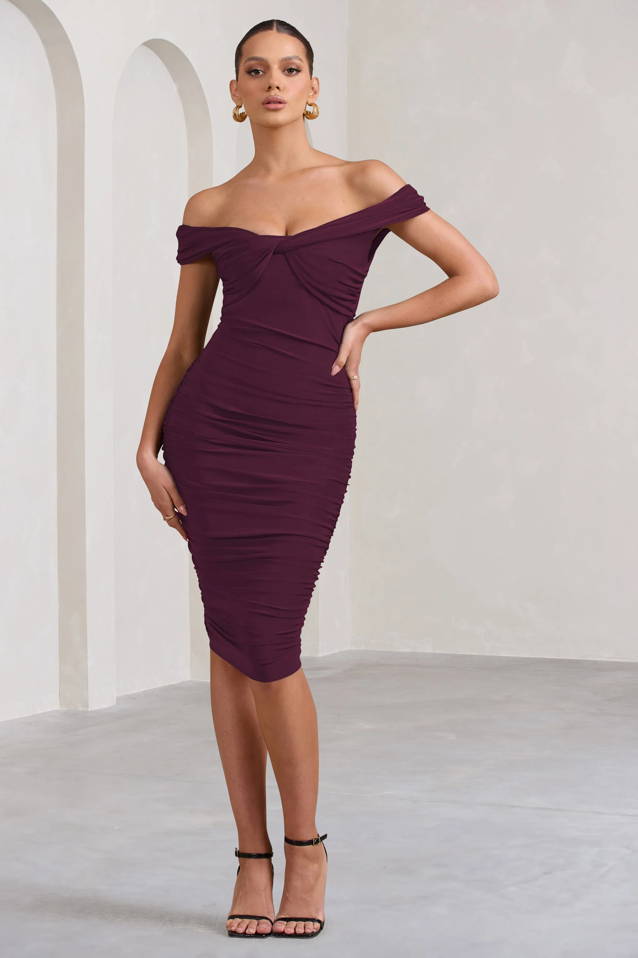 Gratitude | Plum Off The Shoulder Ruched Midi Dress