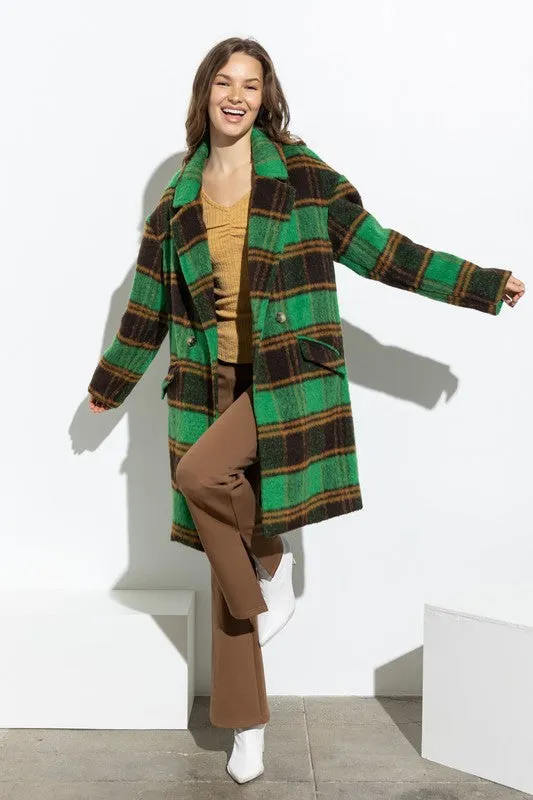 Green Multi Plaid Coat With Side Pockets