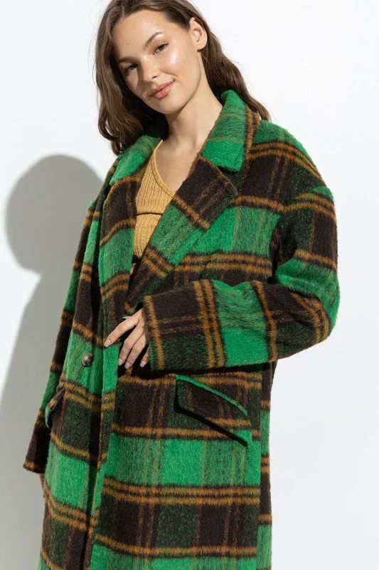 Green Multi Plaid Coat With Side Pockets