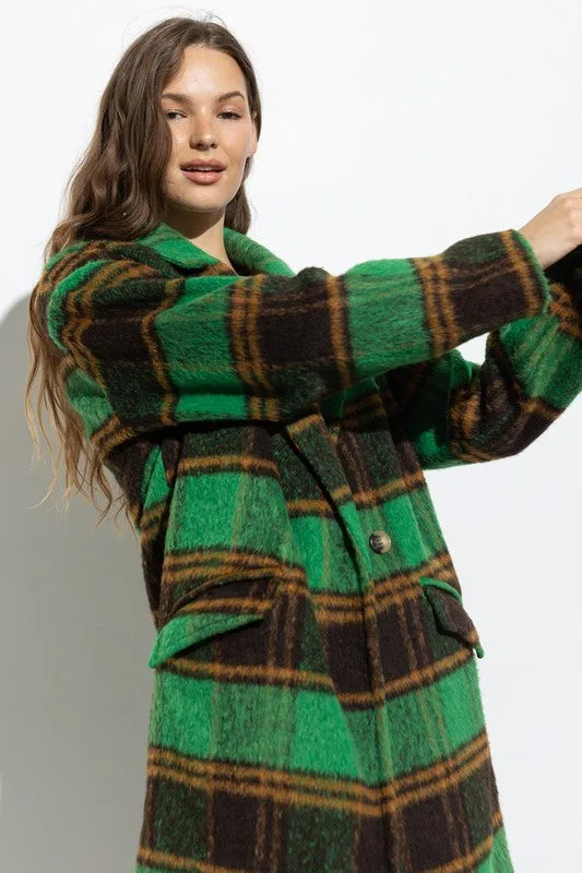 Green Multi Plaid Coat With Side Pockets