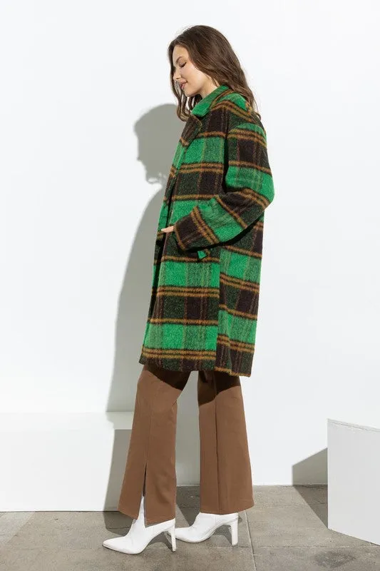 Green Multi Plaid Coat With Side Pockets