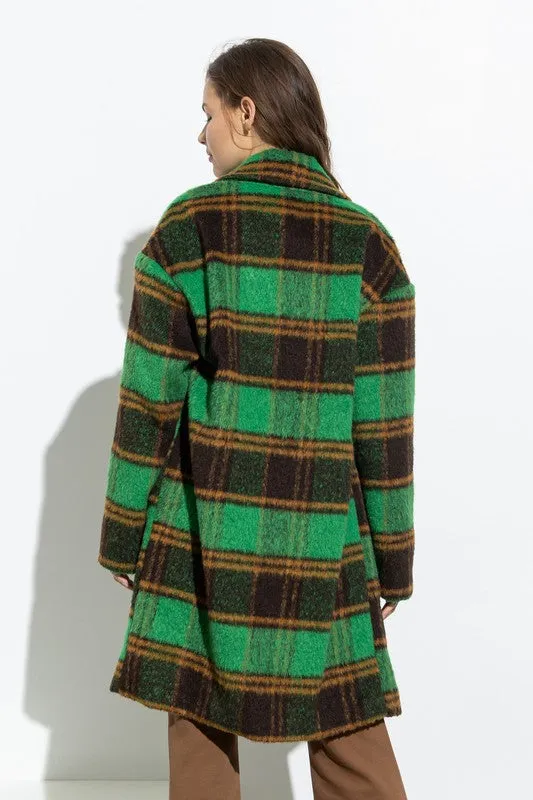 Green Multi Plaid Coat With Side Pockets