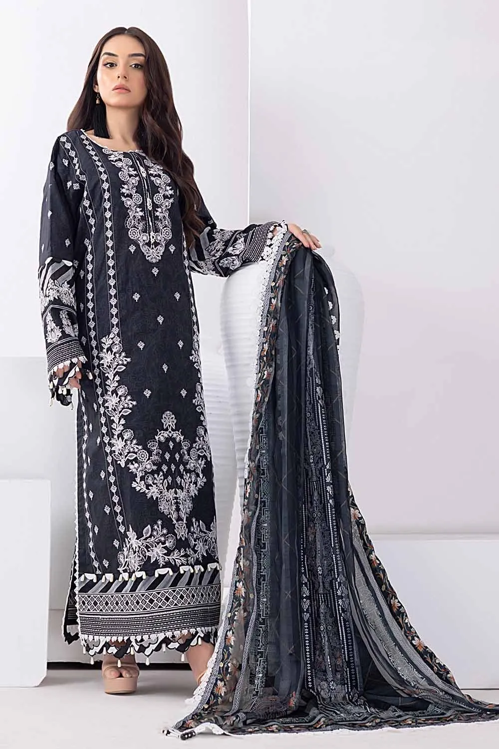 Gul Ahmed Monochrome Black & White – 3PC Unstitched Embroidered Lawn Suit with Dobby Silk Dupatta SSM-32034