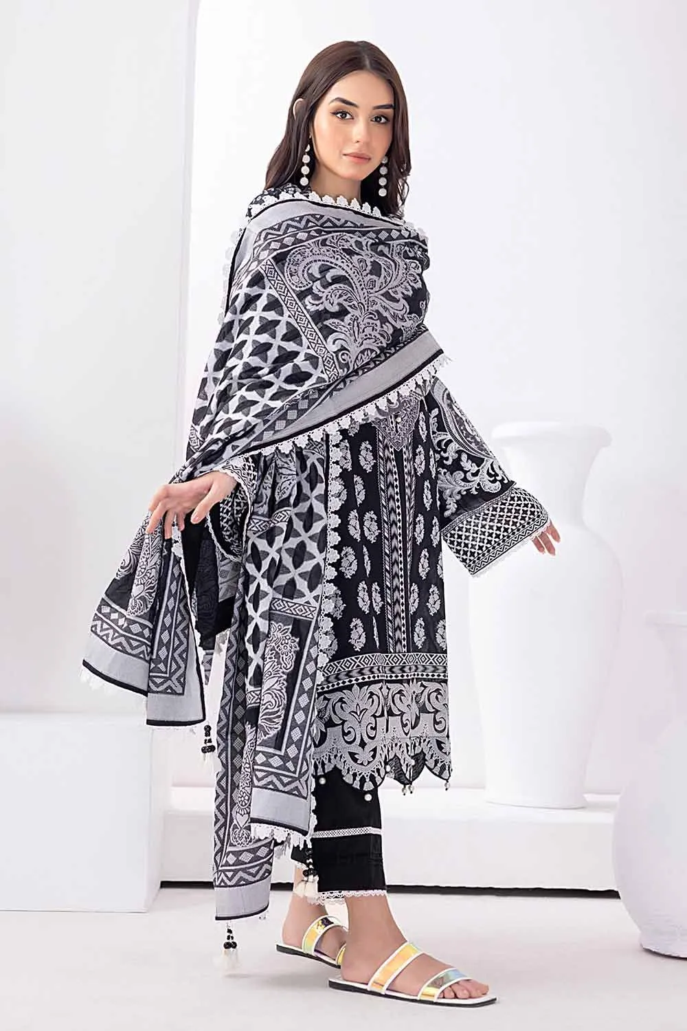 Gul Ahmed Monochrome Black & White – 3PC Unstitched Embroidered Lawn Suit with Jacquard Dupatta MJ-32061