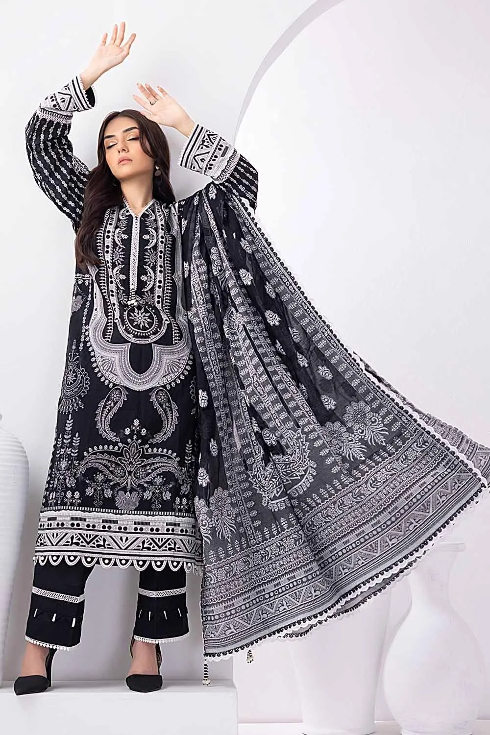 Gul Ahmed Monochrome Black & White – 3PC Unstitched Embroidered Lawn Suit with Jacquard Dupatta MJ-32062