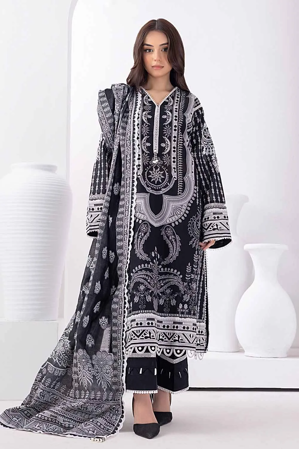 Gul Ahmed Monochrome Black & White – 3PC Unstitched Embroidered Lawn Suit with Jacquard Dupatta MJ-32062