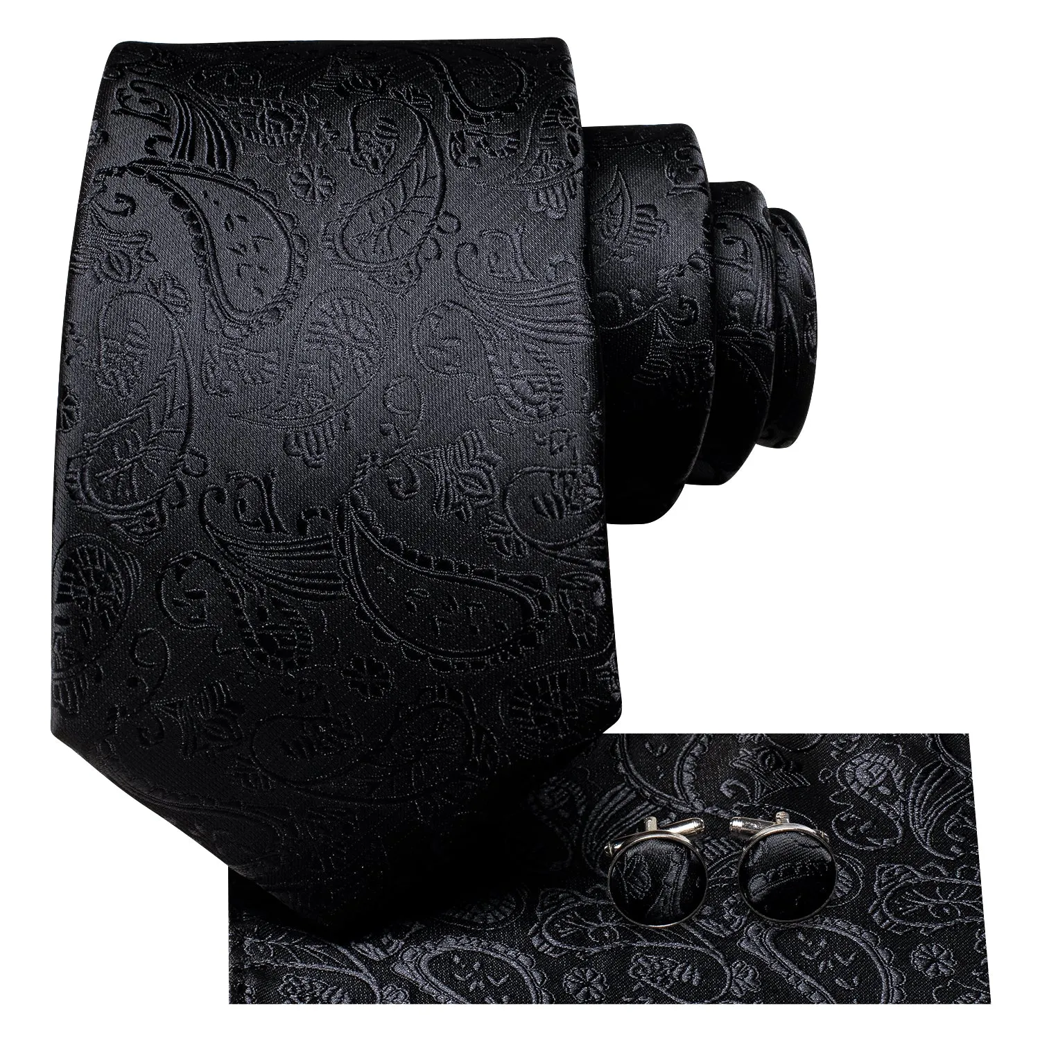 Hi-Tie Black Paisley 67 Inch Extra Long Tie Handkerchief Cufflinks Set