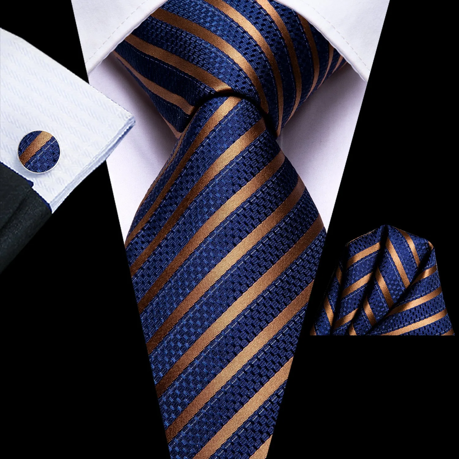 Hi-Tie Blue Gold Striped Tie Handkerchief Cufflinks Set with Wedding Brooch