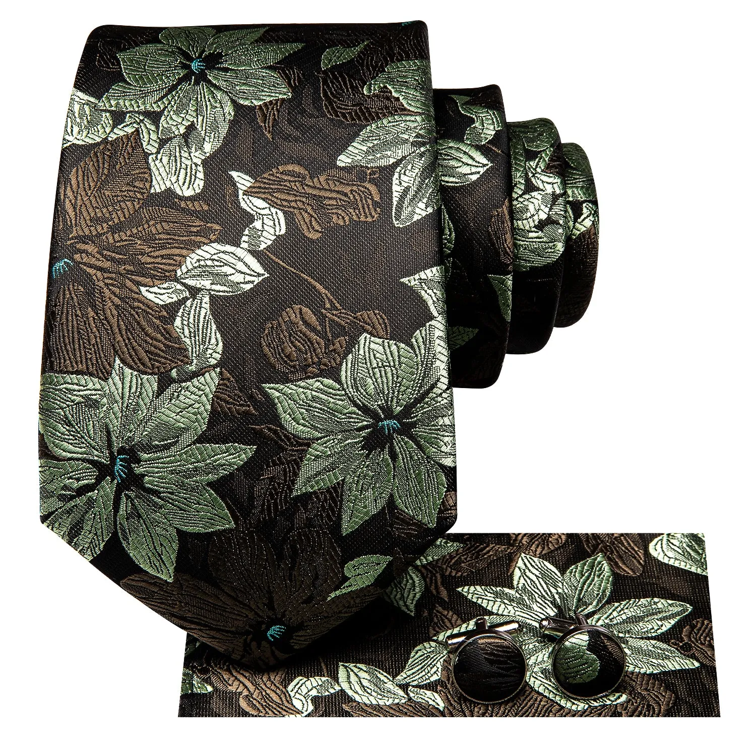 Hi-Tie Deep Green Floral 67 Inches XL Ties Handkerchief Cufflinks Set