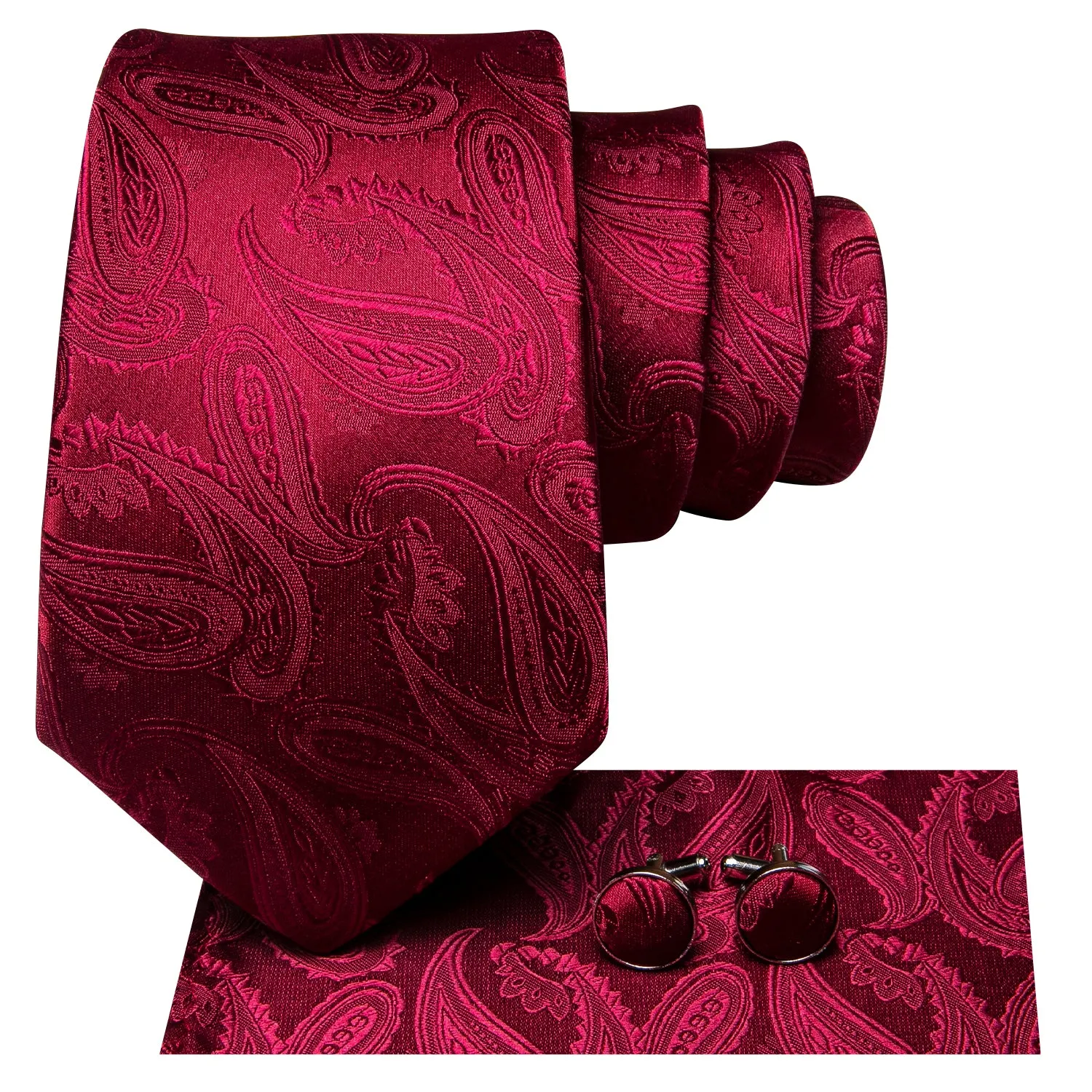 Hi-Tie Deep Red Burgundy Paisley Silk Tie Pocket Square Cufflinks Set