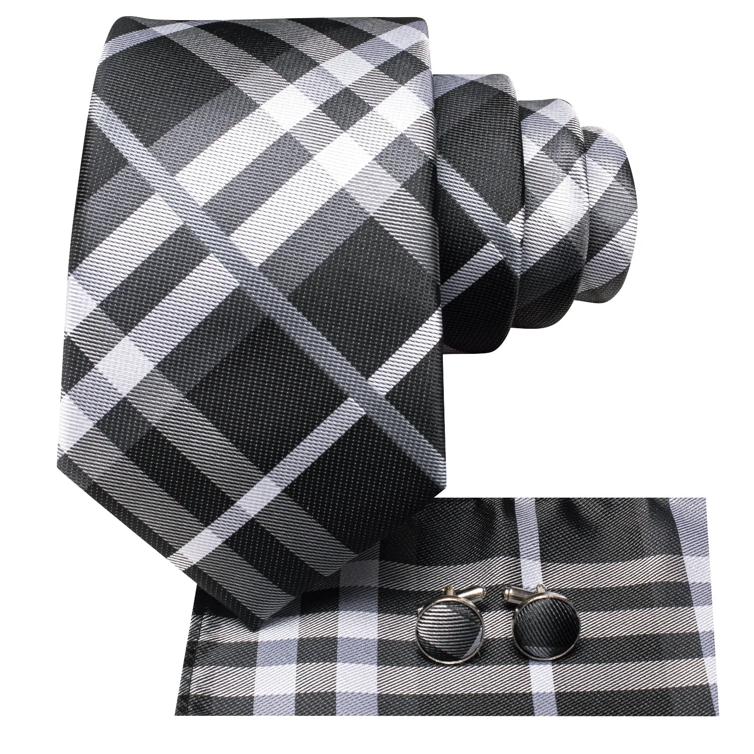 Hi-Tie Grey White 67 Inches Extra Long Tie Handkerchief Cufflinks Set