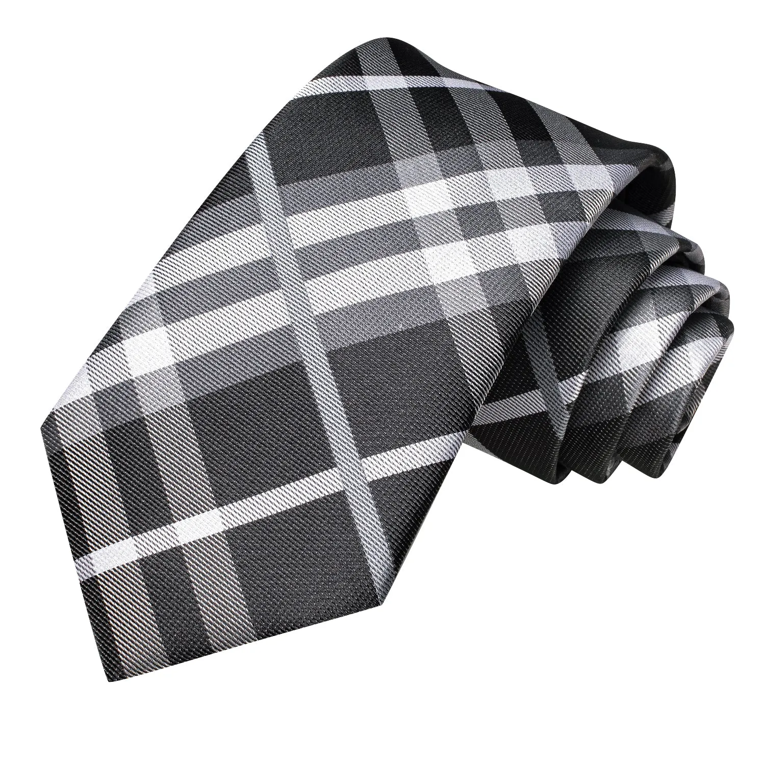 Hi-Tie Grey White 67 Inches Extra Long Tie Handkerchief Cufflinks Set