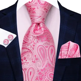 Hi-Tie Pink Paisley 67 Inch Extra Long Tie Handkerchief Cufflinks Set