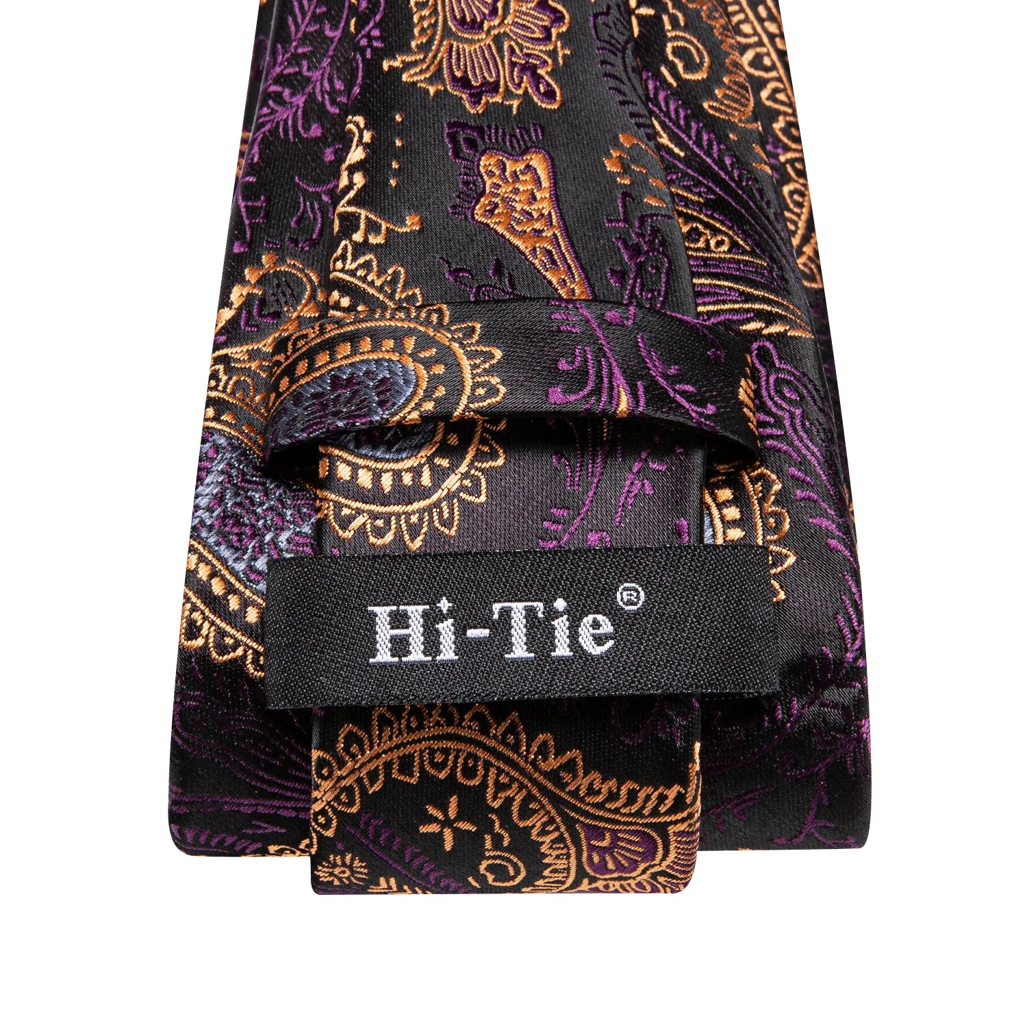 Hi-Tie Purple Gold Paisley 67" Extra Long Necktie Hanky Cufflinks Set