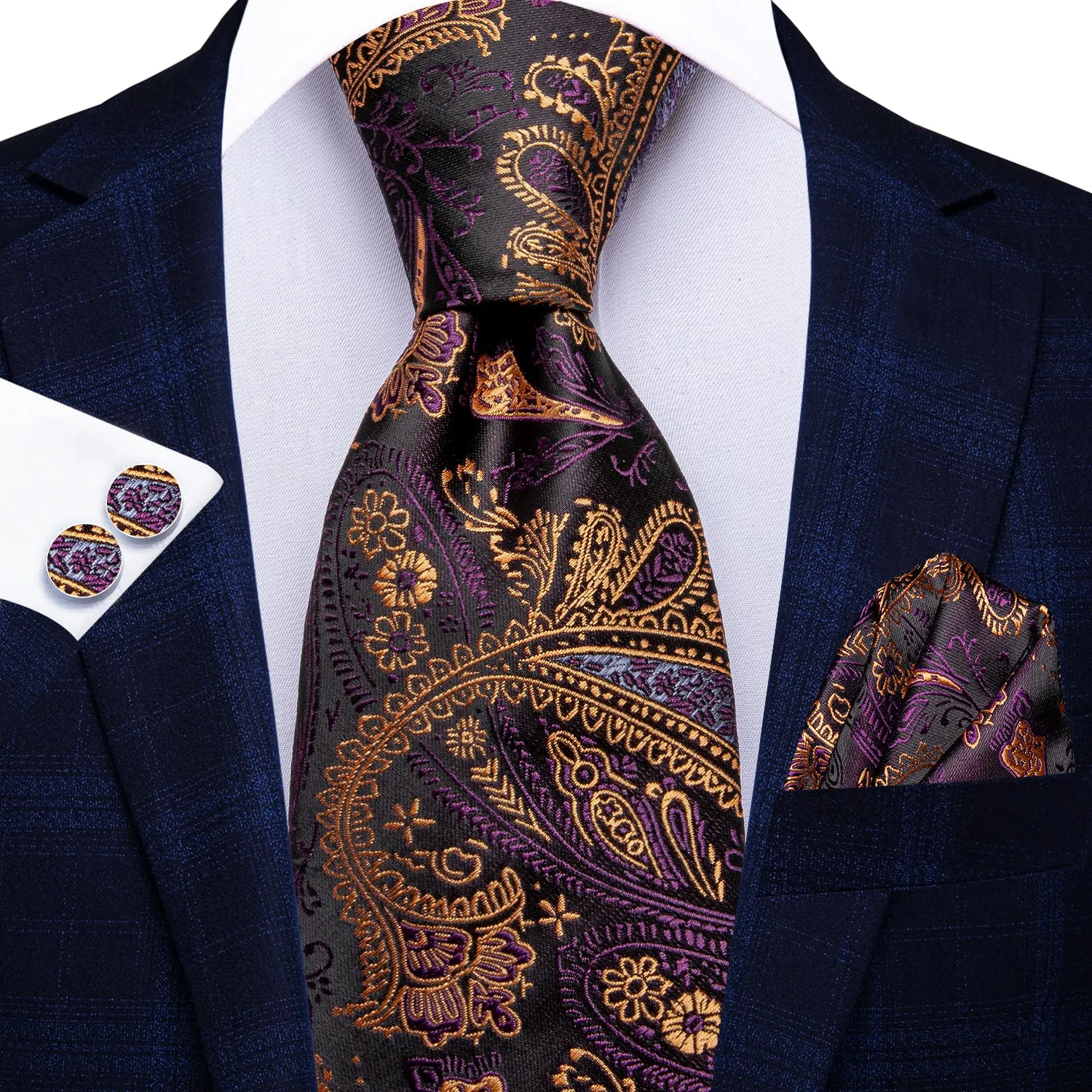 Hi-Tie Purple Gold Paisley 67" Extra Long Necktie Hanky Cufflinks Set