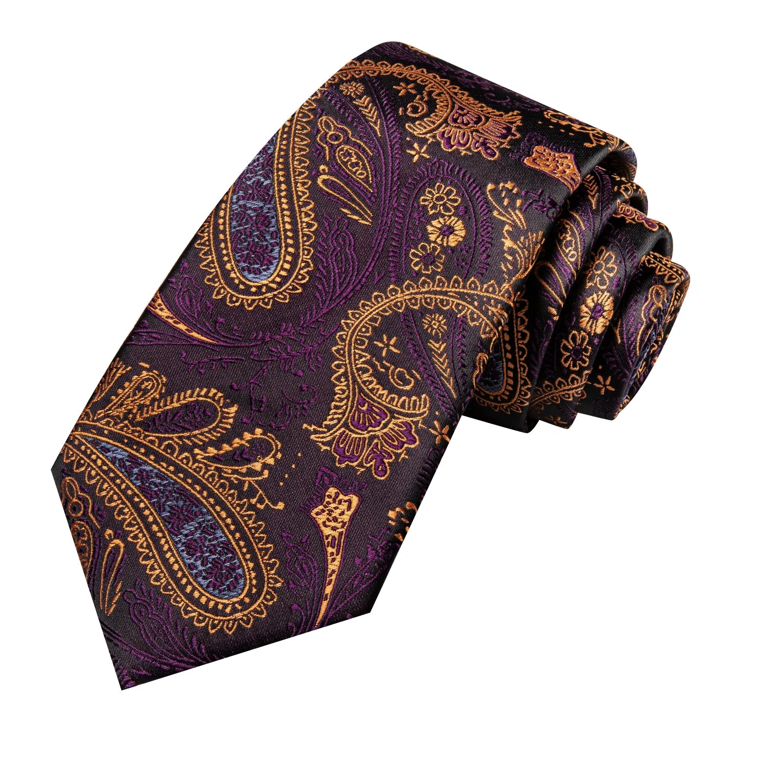 Hi-Tie Purple Gold Paisley 67" Extra Long Necktie Hanky Cufflinks Set