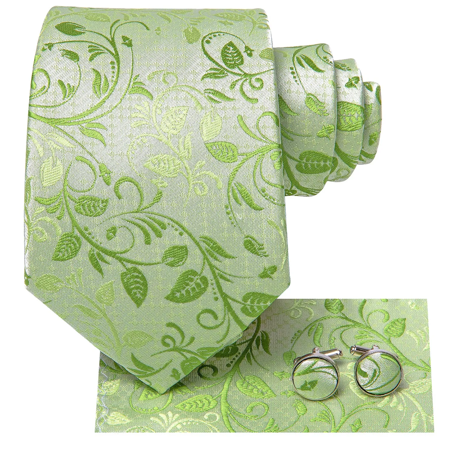 Hi-Tie Spring Green Floral Extra Long Tie Handkerchief Cufflinks Set