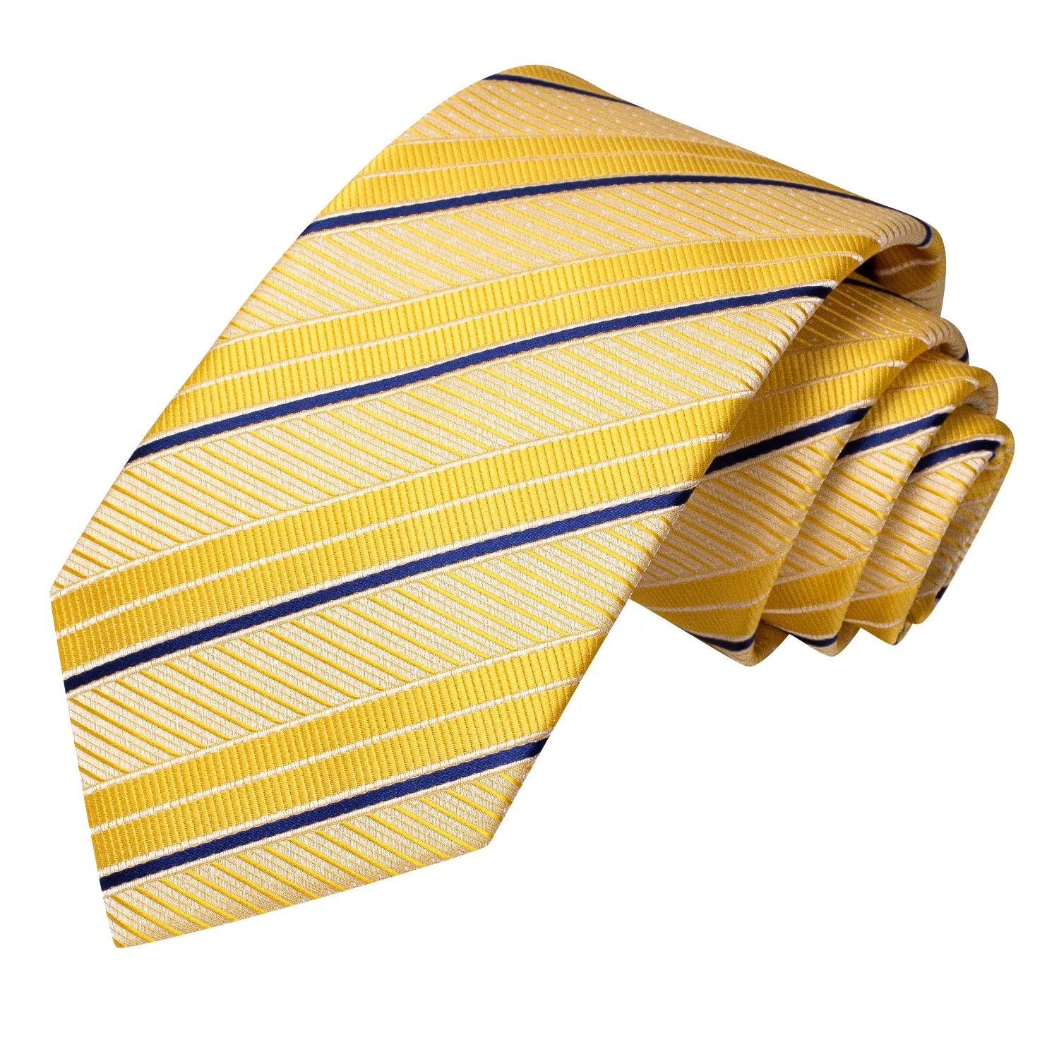 Hi-Tie Yellow Blue Striped 67 Inches XL Tie Handkerchief Cufflinks Set