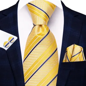 Hi-Tie Yellow Blue Striped 67 Inches XL Tie Handkerchief Cufflinks Set