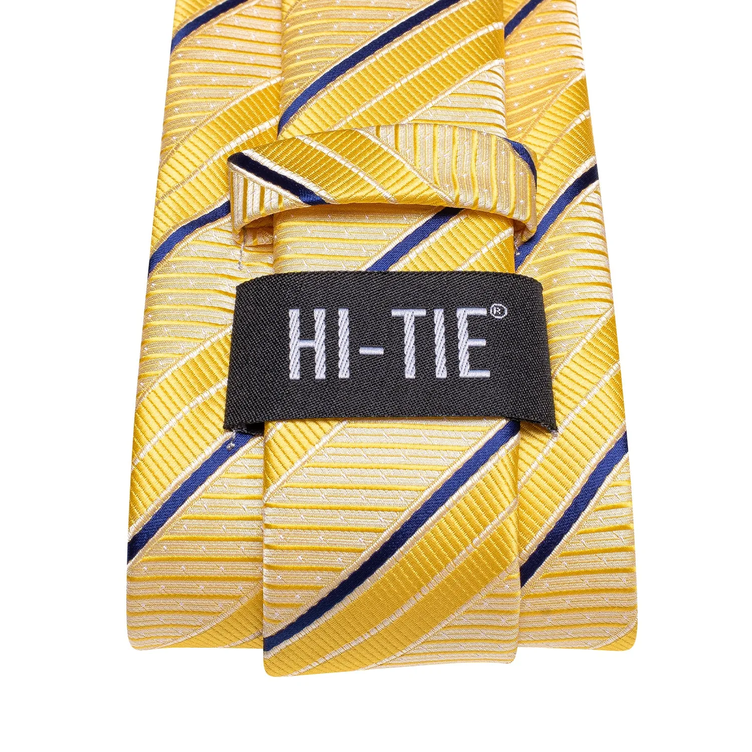 Hi-Tie Yellow Blue Striped 67 Inches XL Tie Handkerchief Cufflinks Set