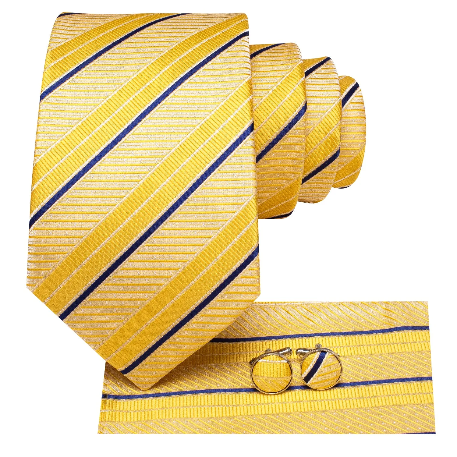 Hi-Tie Yellow Blue Striped 67 Inches XL Tie Handkerchief Cufflinks Set