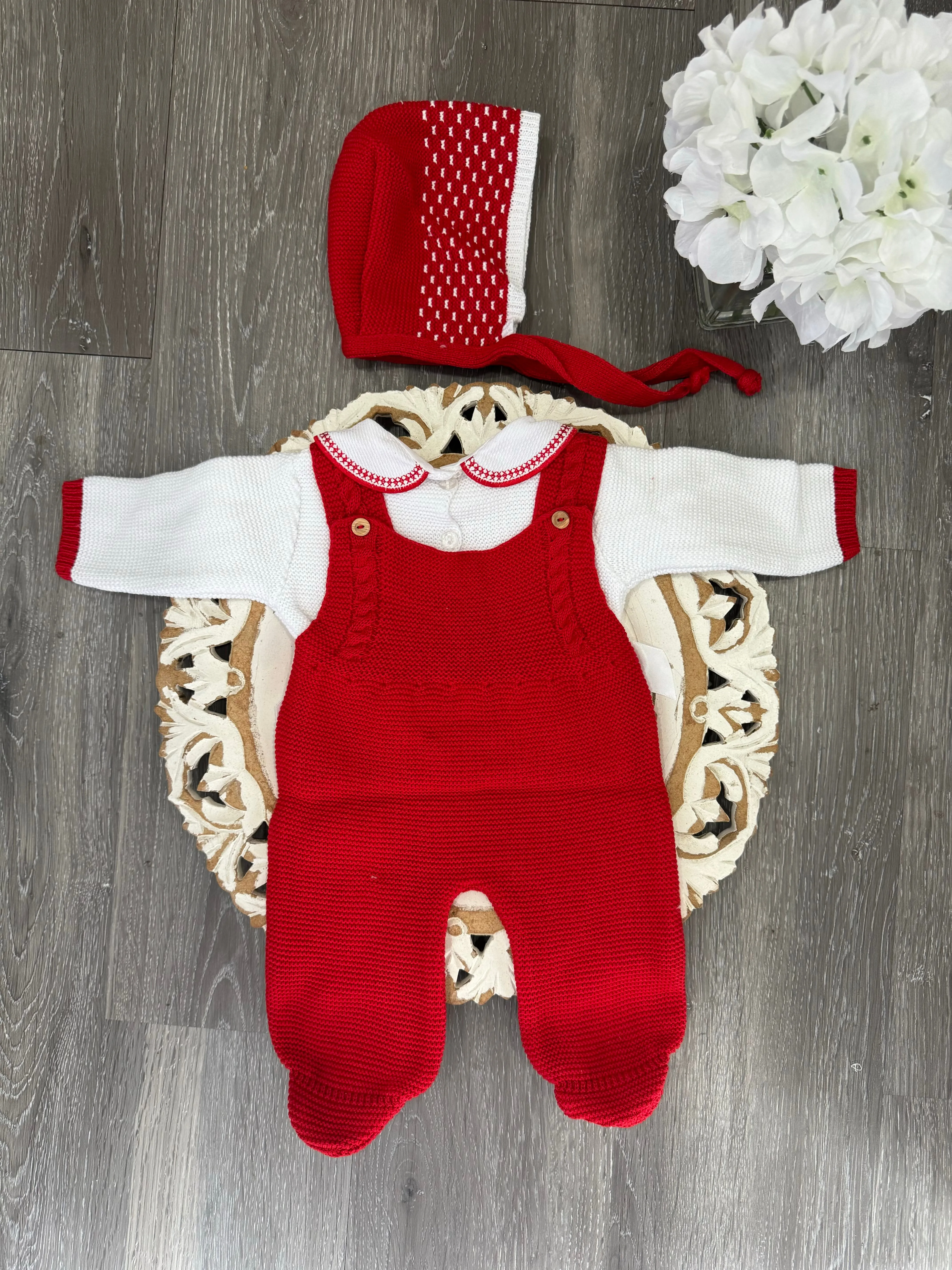 Honeycomb Pattern knit Romper Knitted Set in Red and White