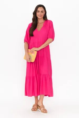 Imogene Hot Pink Cotton Linen Tiered Dress