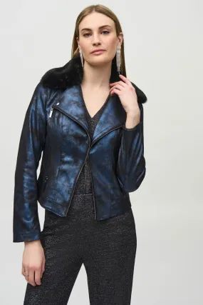 Joseph Ribkoff Blue/Black Foiled Suede Faux Fur Collar Moto Jacket 244918