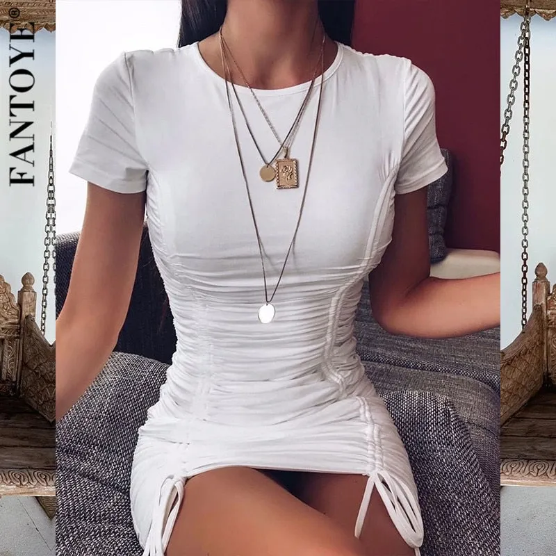 Joskaa hoco dresses New Ruched Fold Drawstring White Women Dress Summer Short Sleeve Mini Bodycon Party Dress Female Basic Dress Streetwear