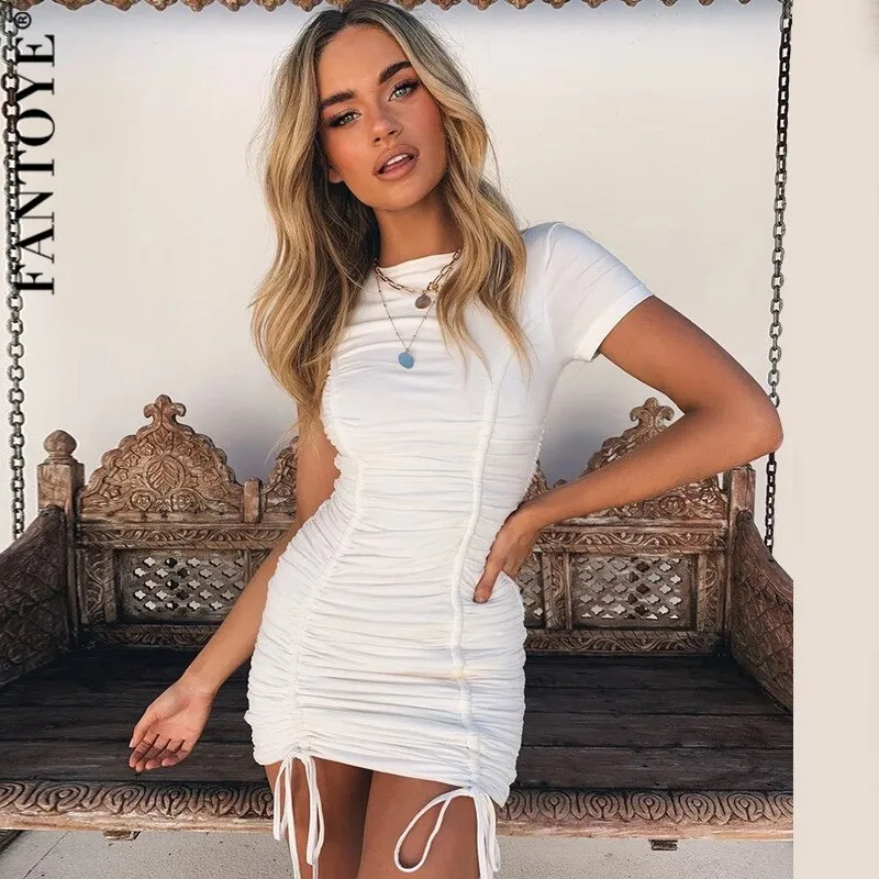 Joskaa hoco dresses New Ruched Fold Drawstring White Women Dress Summer Short Sleeve Mini Bodycon Party Dress Female Basic Dress Streetwear