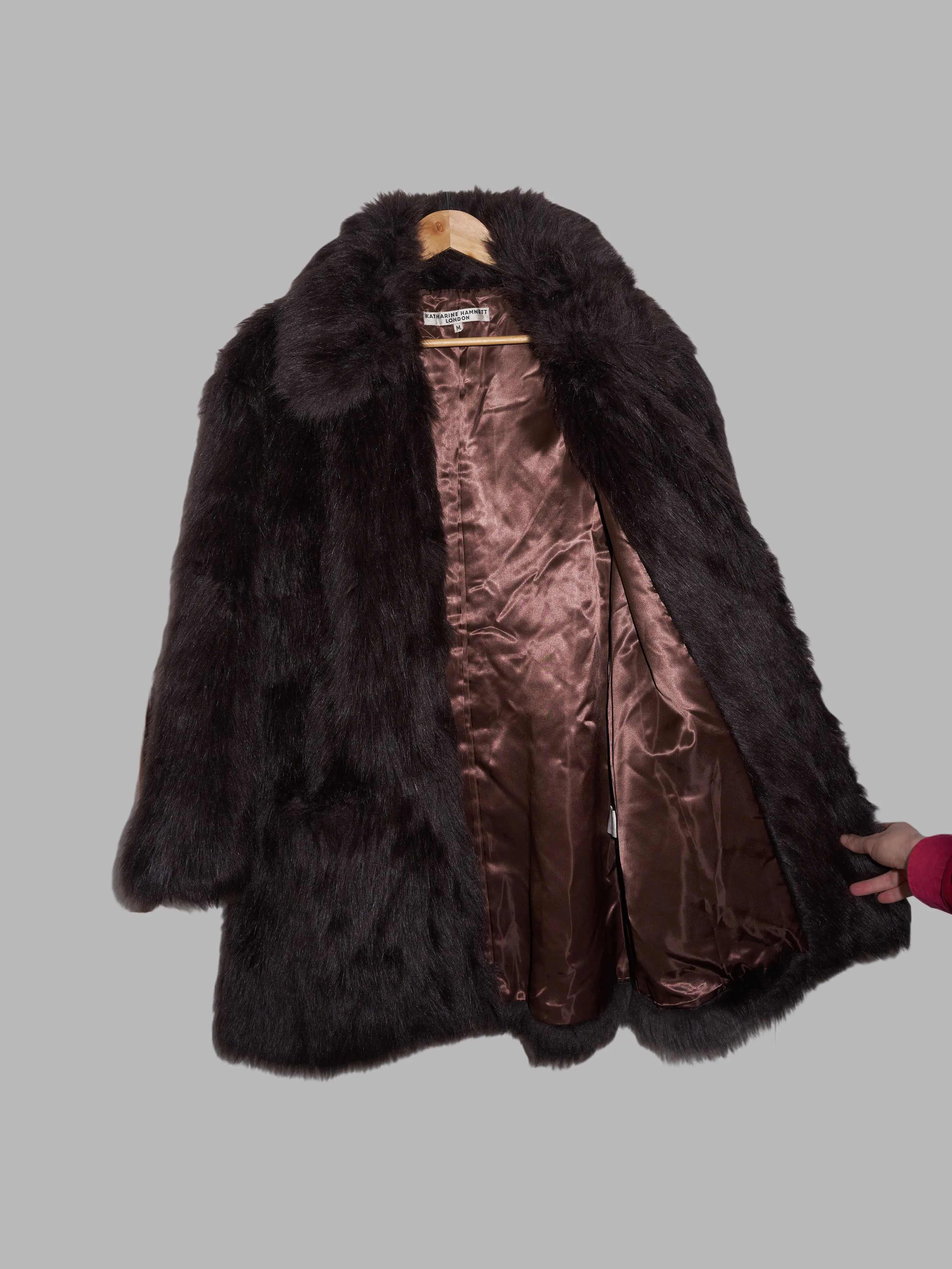 Katharine Hamnett 1990s dark brown acrylic faux fur coat - size M