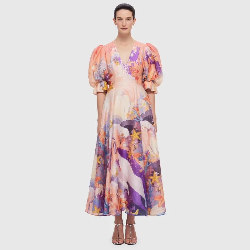 Lara V Neck Maxi Dress - Neptune Print in Coral