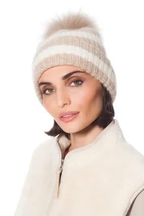 Linda Richards Knit Stripe Pom-pom Hat HA-81 | Taupe