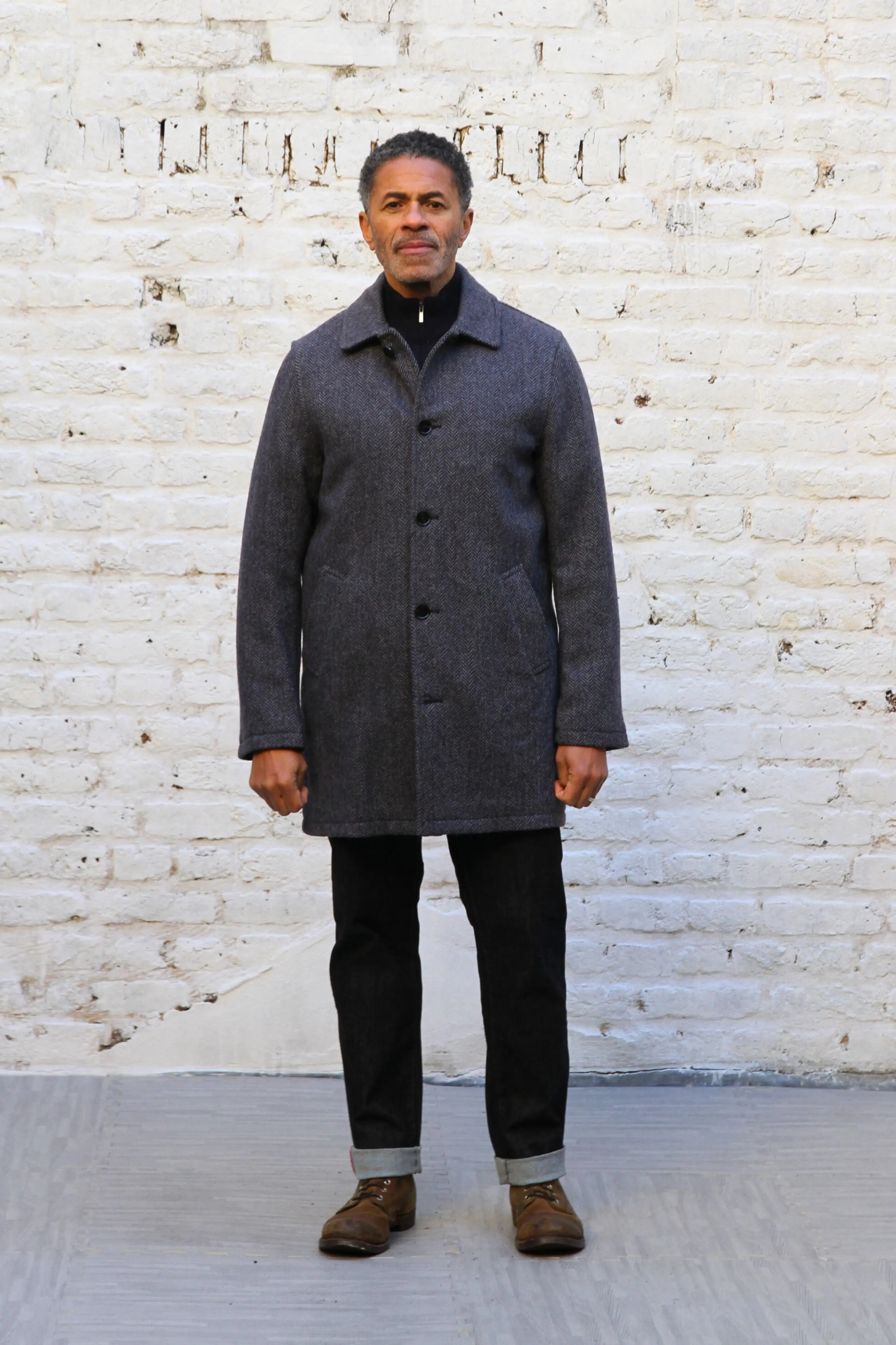 London Tab Lined Coat - Navy Grey Herringbone