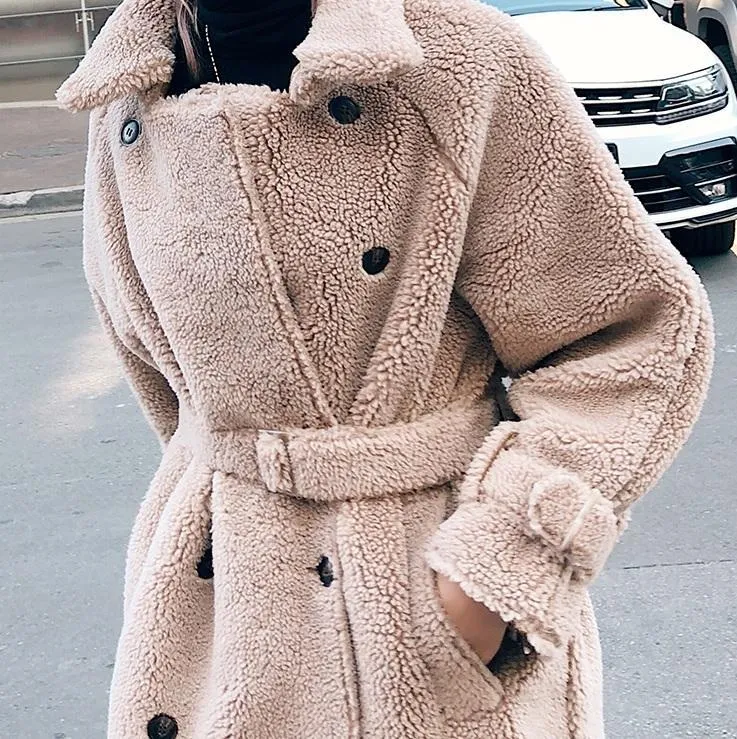 Long Beige Fluffy Fur Waist Belt Coat