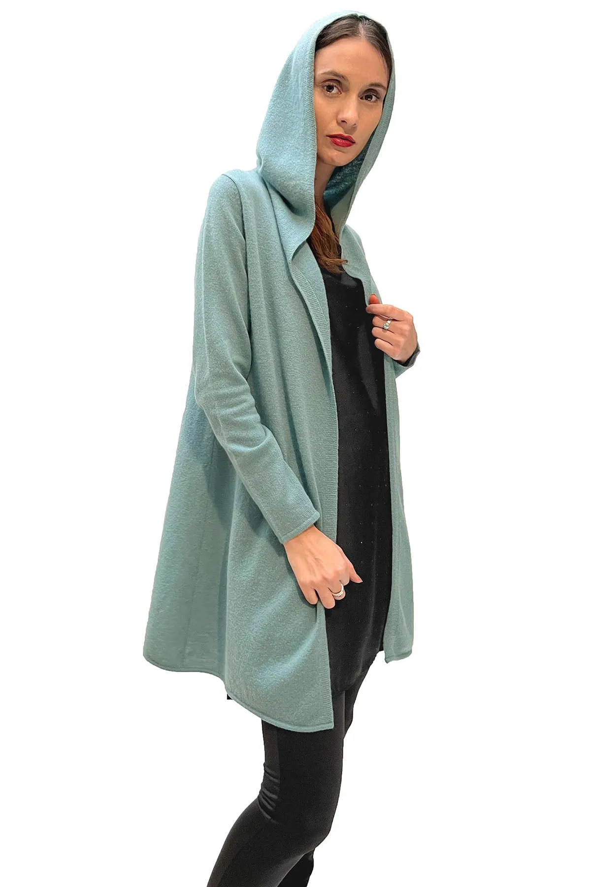 Long Cashmere Hooded Cardigan, Cardi in Green duck egg