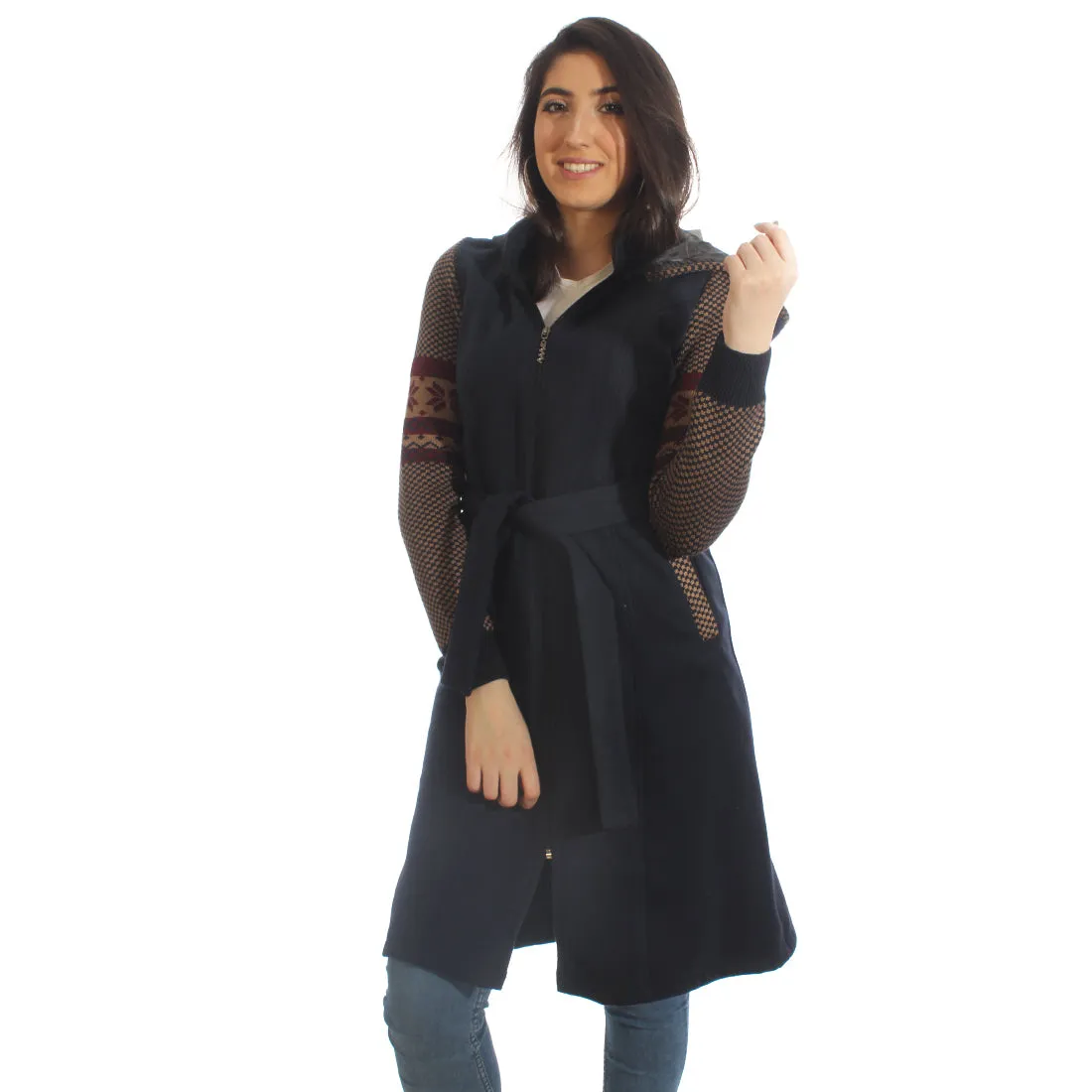 Long coat with removable hoodie/ navy -5902