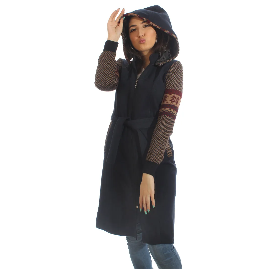 Long coat with removable hoodie/ navy -5902