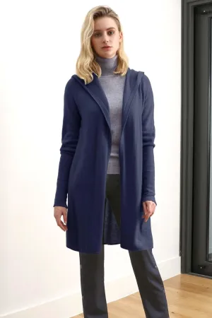 Long hooded cashmere cardigan, cashmere hoodie in navy