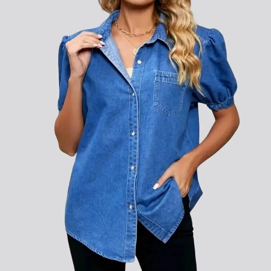 Loose medium-wash jean shirt for women