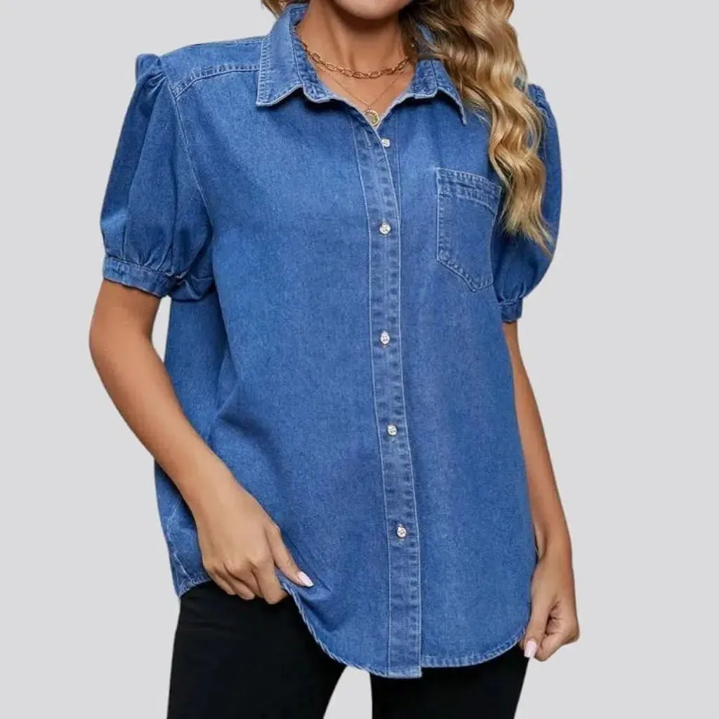 Loose medium-wash jean shirt for women