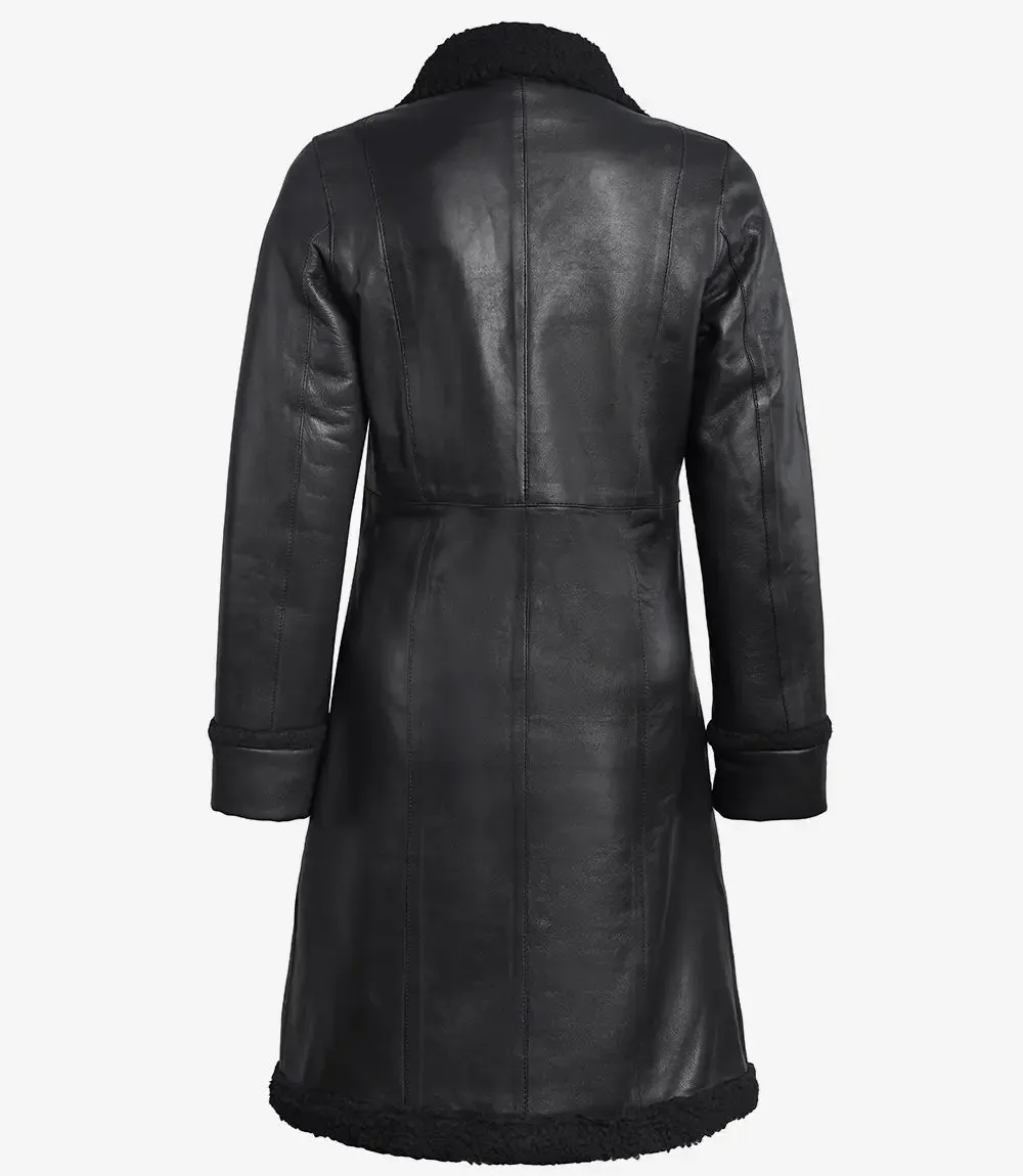 Maura Real Leather Black Shearling Long Coat Womens